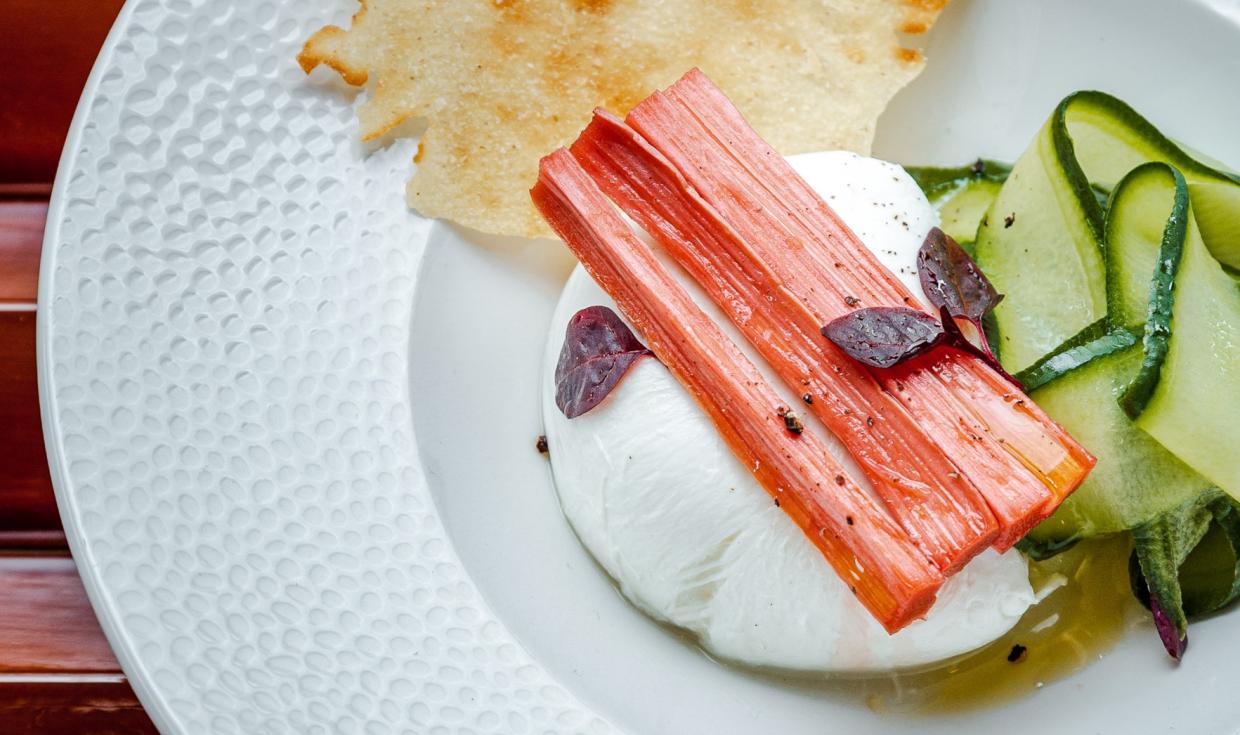 A white dish showing British mozzarella, Tomlinson's rhubarb and elderflower with dark red tiles in the background