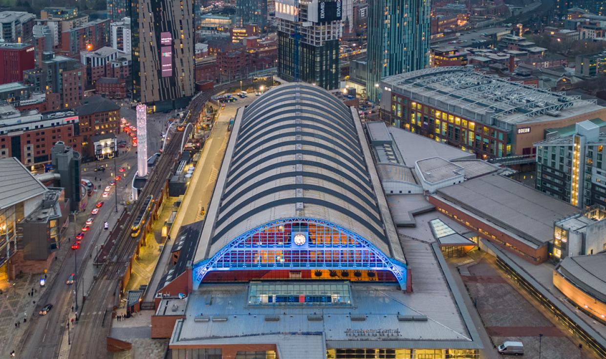 Aerial view of Manchester Central and the surrounding city skyline